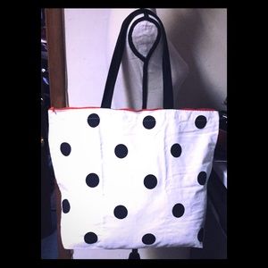 Large B&W Tote Bag, Black Polka Dotted,Red Zipper
